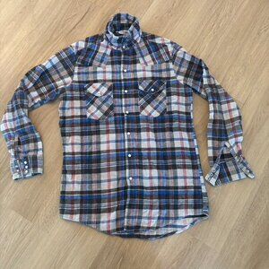 ** Vintage 1970s Dakota Five Brother Pearl Snap Flannel Shirt plaid blue black